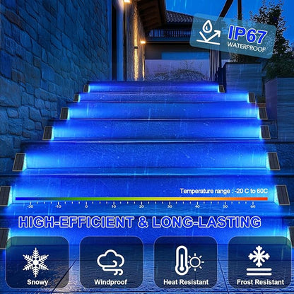 6 Pack Solar Stair Lights, Outdoor Step Lights with Waterproof IP67, Blue Color LED Solar Light for Outside Light Decor for Stair, Deck, Front Step, Front Porch, Patio and Backyard