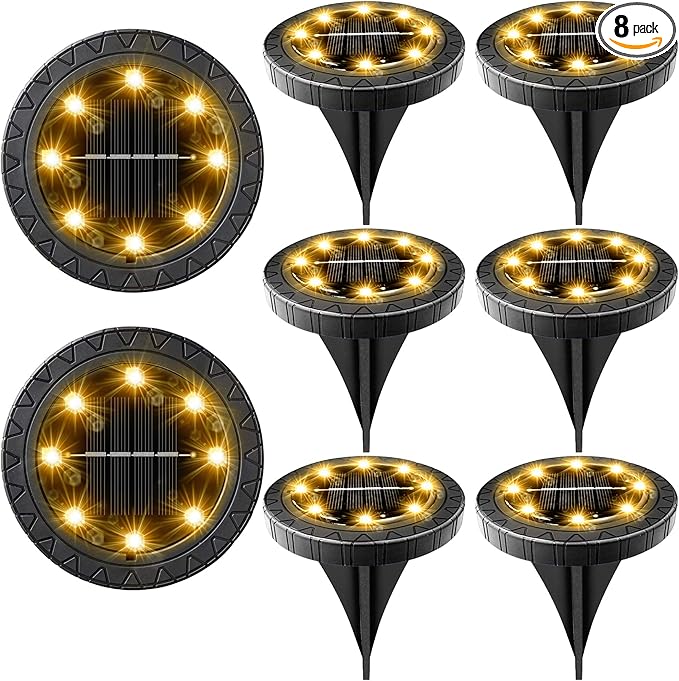Solar Flat Disk Lights 8-Pack, Waterproof Landscape