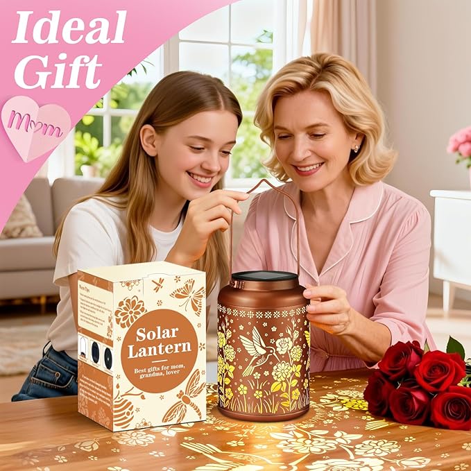 Birthday Gifts for Women Mom Grandma Solar Lantern Outdoor Waterproof, Gardening Gifts for Women, Hummingbird Rose Garden Decor Hanging Solar Lights Yard Decorations Outdoor, Backyard, Patio