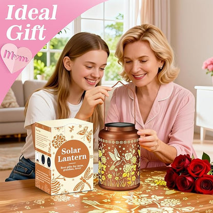 Birthday Gifts for Women Mom Grandma Solar Lantern Outdoor Waterproof, Gardening Gifts for Women, Hummingbird Rose Garden Decor Hanging Solar Lights Yard Decorations Outdoor, Backyard, Patio