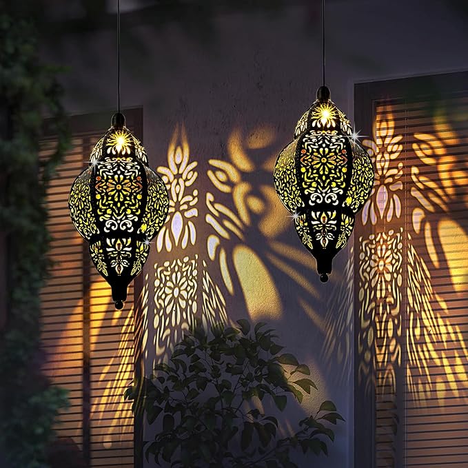 Hanging Solar Lantern Outdoor Decor, Moroccan Solar Lights for Outside Garden Decorations, Waterproof Solar Lanterns Garden Gifts for Mom, Women, Patio, Yard Ornament (Black)