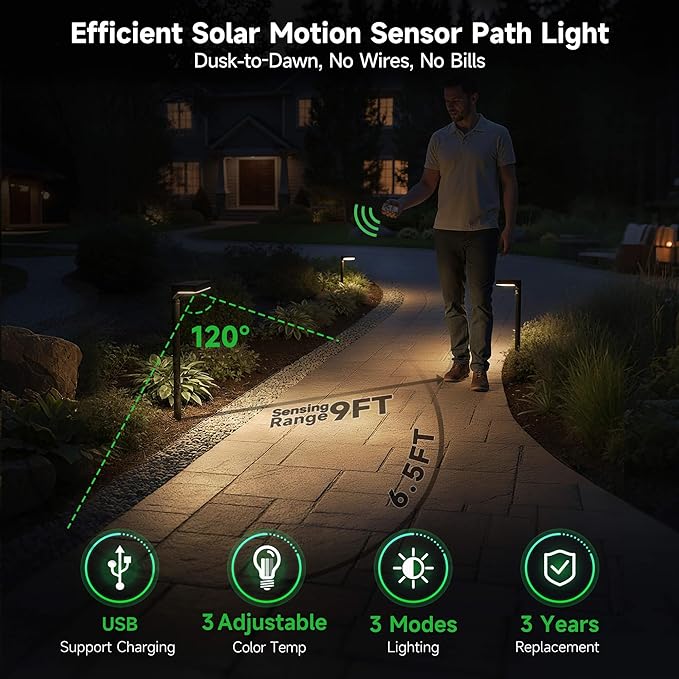Solar Motion Sensor Pathway Lights - Warm & Daylight Selectable Path Light 3 Modes, IP65 Waterproof Black LED Garden Lighting with Remote Control for Outside Landscape Walkway (4 Pack)