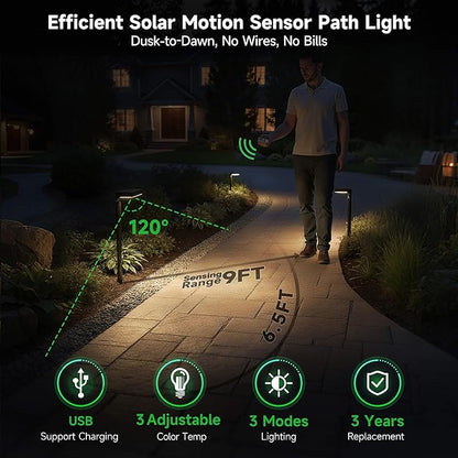 Solar Motion Sensor Pathway Lights - Warm & Daylight Selectable Path Light 3 Modes, IP65 Waterproof Black LED Garden Lighting with Remote Control for Outside Landscape Walkway (4 Pack)