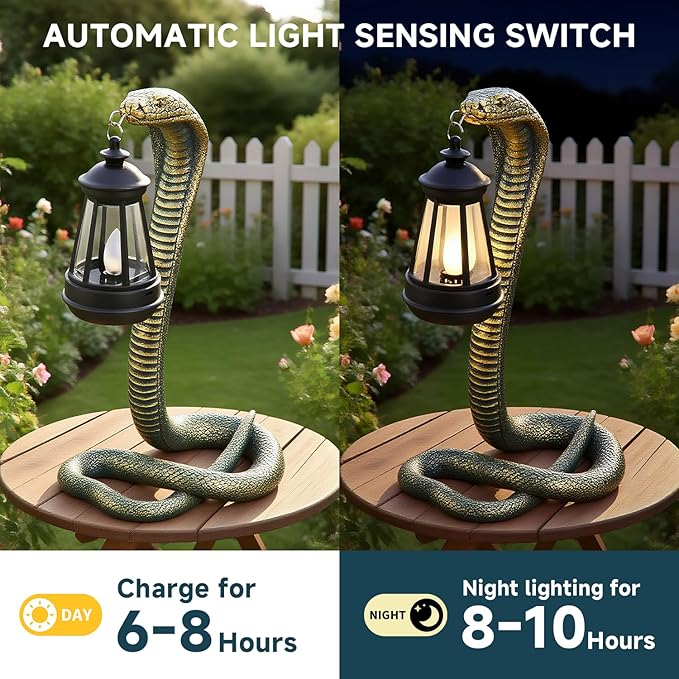 Solar Lantern Outdoor Snake Statues Garden Decoration, Yard Art Lawn Decor for Porch, Patio, Balcony, Housewarming Gifts for Birthday, Father's Day, Halloween(Bronze-Colored)