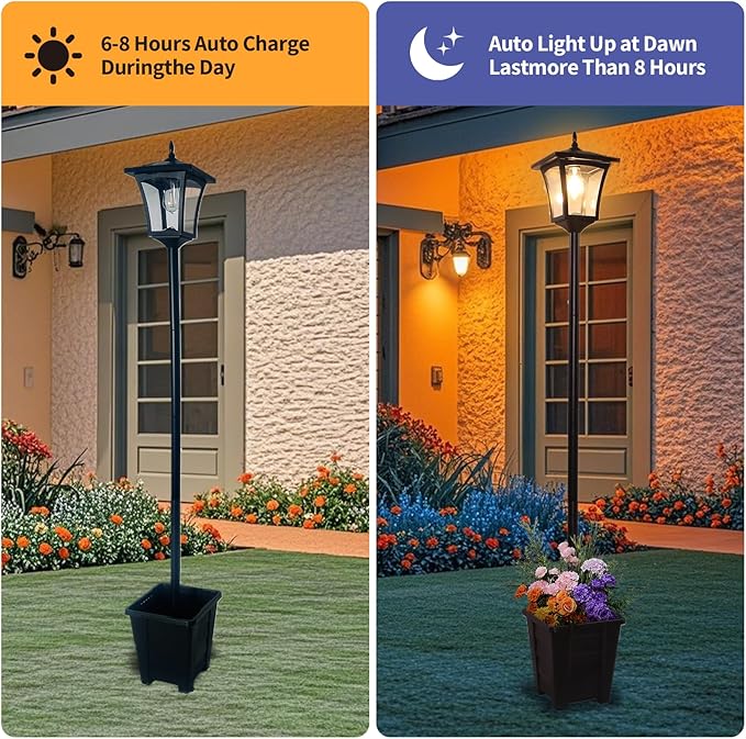 Outdoor Solar Post Lights, 59" Dusk to Dawn Solar Lamp Post, Waterproof Solar Floor Lamps, Warm White Pole Lights with Planter for Patio, Backyard, Lawn, Garden
