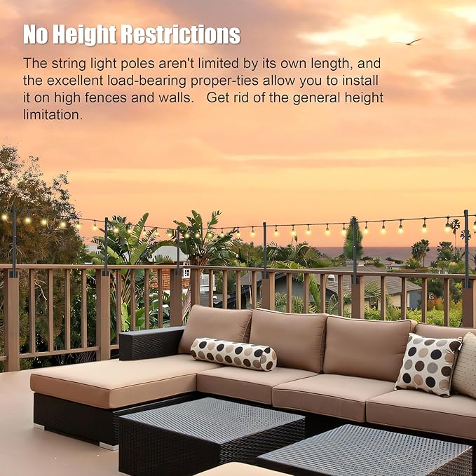 Suchtale 4 Pack 2.8 FT Outdoor String Light Poles, Suspension Fence Post Extender with Clip and Bracket, Deck String Lights Hangers, Wall Mounting Stand for Patio Garden Christmas Wedding Party,Black