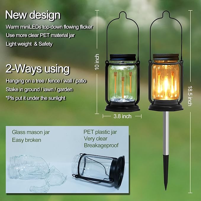 Solar Mason Jar Meteor Light Lanterns, Falling Raindrops Warm White LED Lights Build-in Mason Jar, Outdoor Decorative Waterproof with Stakes for Patio, Yard, Lawn, Tree (Vintage Lanterns, 4)