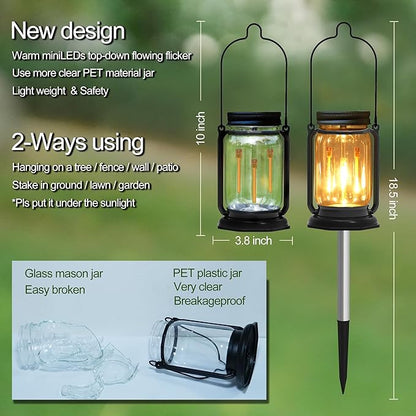 Solar Mason Jar Meteor Light Lanterns, Falling Raindrops Warm White LED Lights Build-in Mason Jar, Outdoor Decorative Waterproof with Stakes for Patio, Yard, Lawn, Tree (Vintage Lanterns, 4)