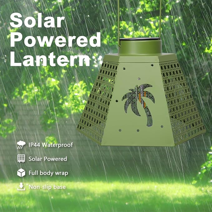 Outdoor Solar Lanterns Waterproof Hanging Solar Metal Lantern 9.5" Coconut LED Lantern Yard Art Decor for Yard, Patio, Hallway, Birthday Mothers' Day Gifts (2 Pack, Green)