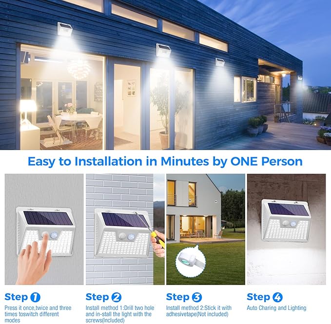 Peasur 5 Pack Solar Lights for Outside, Motion Sensor Outdoor Lights, 140LED Solar Security Lights 3 Working Modes, Solar Lights Outdoor Waterproof for Outside Garden Yard Fence (White Frame)