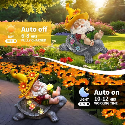 Christmas Garden Gnomes Outdoor Decor: Funny Sunflower Gnome Sitting on Turtle with Solar Lights Outside Decoration for Lawn Yard Patio Garden Gifts for Women