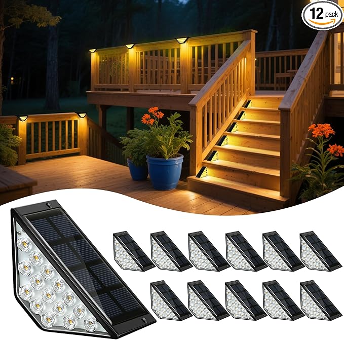 Solar Step Lights for Outside, Solar Stair Lights Outdoor Waterproof, Deck Step Lights for Fence, Patio, Yard, Porch, Front Door, Sidewalk, Garden, Patio Decor (12, Warm White)
