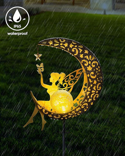 Solar Garden Statues Outdoor Decor, Fairy Moon Figurine Light Stake, Housewarming Ornament for Patio, Lawn, Yard, Pathway - Unique Gift Ideas for Gardening Mom Grandma