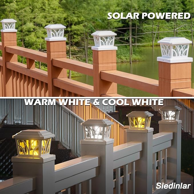 SIEDiNLAR Solar Post Cap Lights Outdoor, Aluminum Glass 2 Modes Edison LED Bulbs for 4x4 5x5 6x6 Wooden Vinyl Posts Deck Fence Patio Decor, Warm White/Cool White Lighting 8 Pack (White)