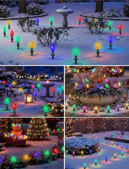 38FT Multicolor LED Christmas Pathway Lights, 25 Multicolor Extendable Weatherproof Christmas Walkway Lights with C9 LED Bulbs and Stakes for Outdoor Lawn Patio Yard Christmas Decorations