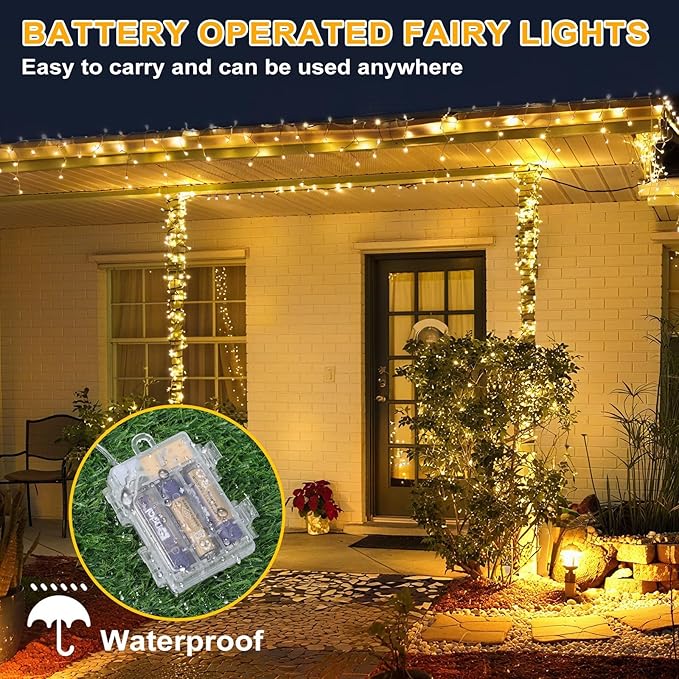 2 Pack Christmas String Lights Battery Operated with 8 Modes, 33FT 100 LED Fairy Lights with Timer, Waterproof Twinkle Lights for Indoor and Outdoor Christmas Decorations(Warm White)