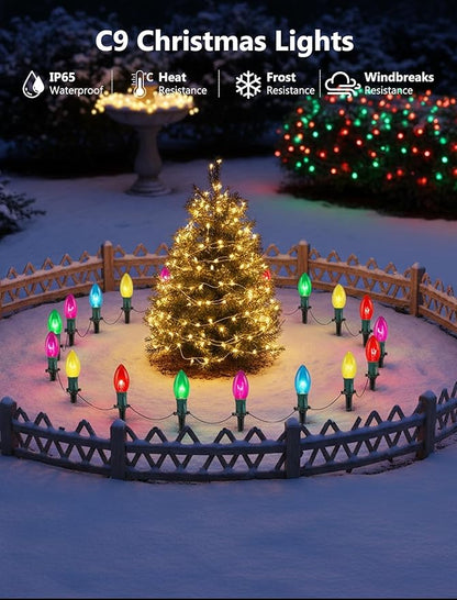 C9 Multicolor Christmas Pathway Lights,38FT 25 Pcs Multicolored Extendable Waterproof Christmas Walkway Lights with Multicolor Bulbs and Stakes for Outdoor Lawn Garden Sidewalk Xmas Decorations