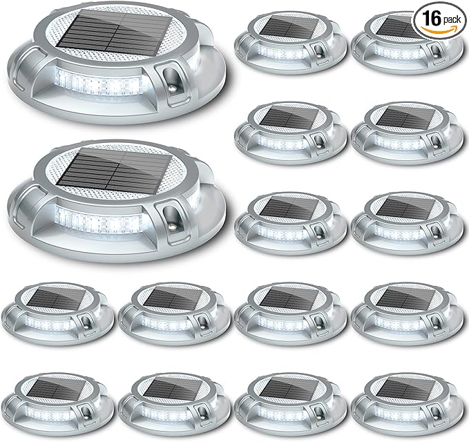 SIEDiNLAR Solar Driveway Lights Outdoor 4 Modes 40 LEDs Deck Driveway Markers Marine Dock Light Waterproof for Walkway Ground Pathway Step Garden Yard, White/Warm Dynamic Lighting (16 Pack)
