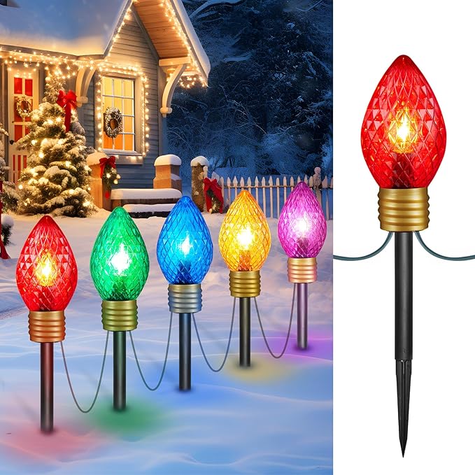 Moonflor Strawberry Jumbo C9 Christmas Pathway Lights Outdoor - 8.5 Feet 5 LED C9 Christma Lights,C7 Light Covered Jumbo Multicolor Christmas Light Outdoor Decorations for Lawn Holiday Outside Yard