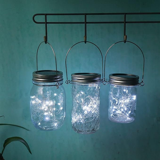Decorman Solar Mason Jar Lights, 10 Pack 30 LED Fairy Star Firefly String Lids Lights with 10 Hangers for Patio Yard Garden Party Wedding Christmas Decoration(Jars Not Included) (10 Pack, Cool White)