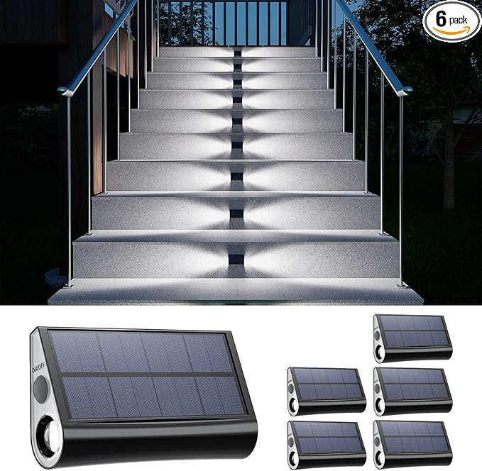 6 Pack Solar Powered Step Lights Outdoor Waterproof LED for Outside Deck Stair Safety Decorative Lamp for Porch, Yard, Patio, Wall, Fence, Walkway, Dual Sided Lighting for Enhanced Security Cool White