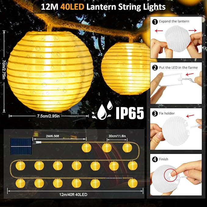 Solar Lantern String Lights Waterproof Outdoor, 40ft 40Led Warm White & Multi-Color Garden Lights Hanging Hemp Rope Nylon Lanterns with Remote, Timer for Yard, Balcony, Fences, Porch
