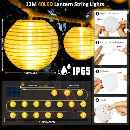 Solar Lantern String Lights Waterproof Outdoor, 40ft 40Led Warm White & Multi-Color Garden Lights Hanging Hemp Rope Nylon Lanterns with Remote, Timer for Yard, Balcony, Fences, Porch