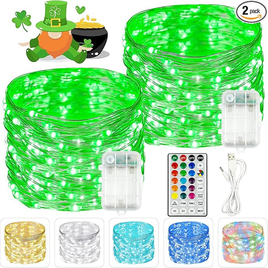 2 Pack St. Patrick's Day Fairy Lights Battery Operated, 20FT 60LED RGB Color Changing String Lights, Christmas Twinkle Light with Timer and Remote for Indoor & Outdoor St. Patrick's Day Decorations