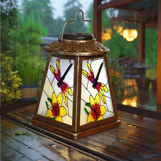 Dragonfly Solar Lantern with Shepherd Hook, Outdoor Hanging Metal LED Garden Light Waterproof for Patio Yard Pathway, Peaceful Dragonfly Lantern Decor and Christmas Holiday Gift for Women Mom Grandma
