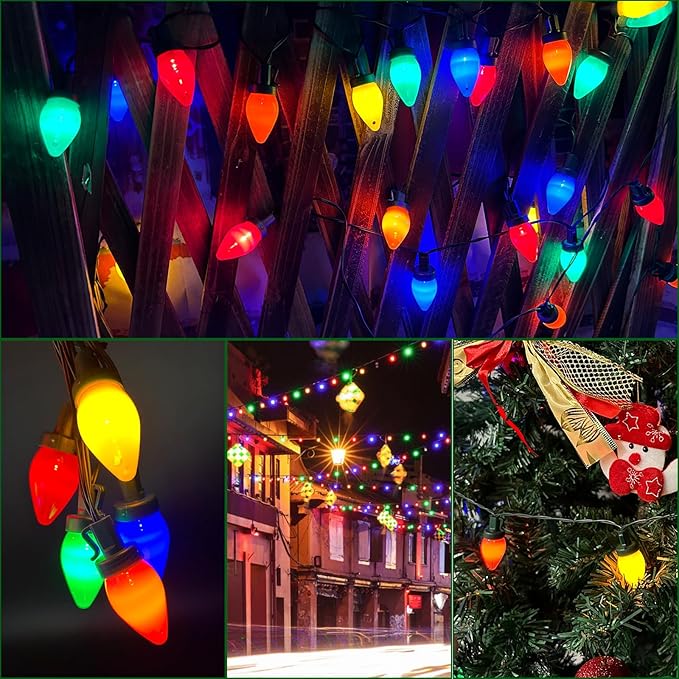 C7 Vintage Christmas String Lights, 27.5FT Outdoor Christmas Tree String Lights with 50 Multicolor LED Bulbs, Christmas Party Decorations with 8 Fairy Lighting Patterns - Green Wire