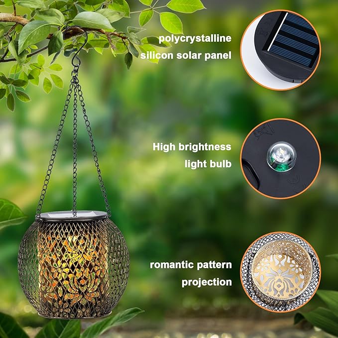 Solar Lanterns Outdoor Waterproof, 2 Pack Hanging Solar Lights Outside Garden Decor, Gifts for Women Mom Grandma Metal Decorative Lantern for Patio Yard Porch Balcony Backyard Lawn(4.6x4.6inch)