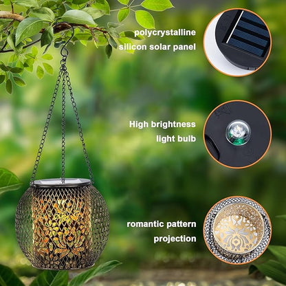 Solar Lanterns Outdoor Waterproof, 2 Pack Hanging Solar Lights Outside Garden Decor, Gifts for Women Mom Grandma Metal Decorative Lantern for Patio Yard Porch Balcony Backyard Lawn(4.6x4.6inch)