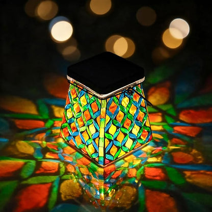 VOREEN Mosaic Solar Lantern, Colorful Mosaic Glass Decorative Lantern for Outdoor Garden & Patio, Tabletop or Hanging Solar Powered Light, Multicolor Geometric Lattice Design