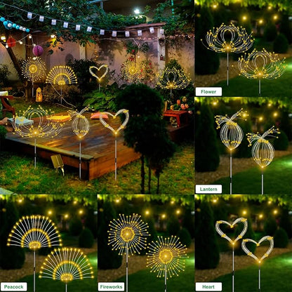 Solar Garden Lights Outdoor Waterproof, 4 Pack Total 480 LED Solar Firework Lights Decorative with 8 Lighting Modes Outside for Yard Pathway Flowerbed Decor, Warm White