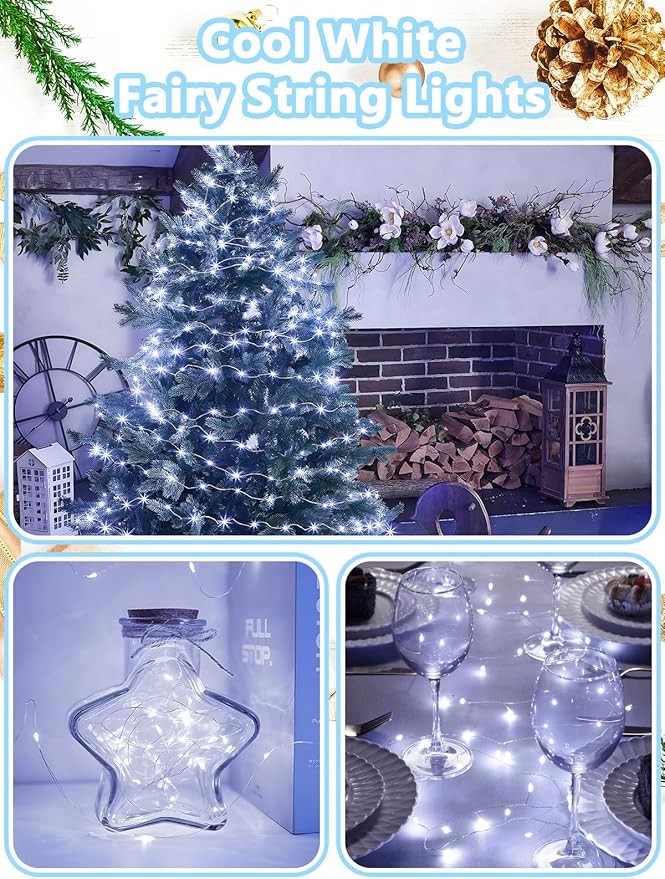 4-Pack 33ft Christmas LED String Lights, Waterproof Timer Lights