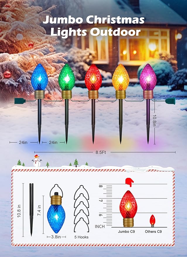 Moonflor Strawberry Jumbo C9 Christmas Pathway Lights Outdoor - 8.5 Feet 5 LED C9 Christma Lights,C7 Light Covered Jumbo Multicolor Christmas Light Outdoor Decorations for Lawn Holiday Outside Yard