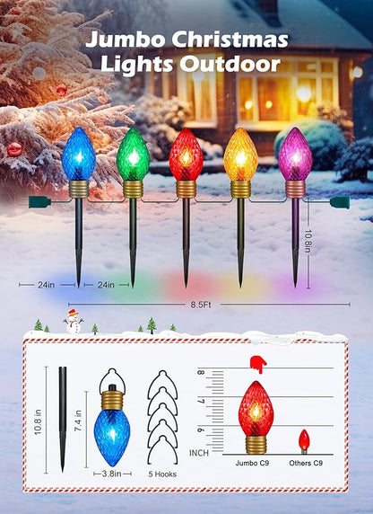 Moonflor Strawberry Jumbo C9 Christmas Pathway Lights Outdoor - 8.5 Feet 5 LED C9 Christma Lights,C7 Light Covered Jumbo Multicolor Christmas Light Outdoor Decorations for Lawn Holiday Outside Yard