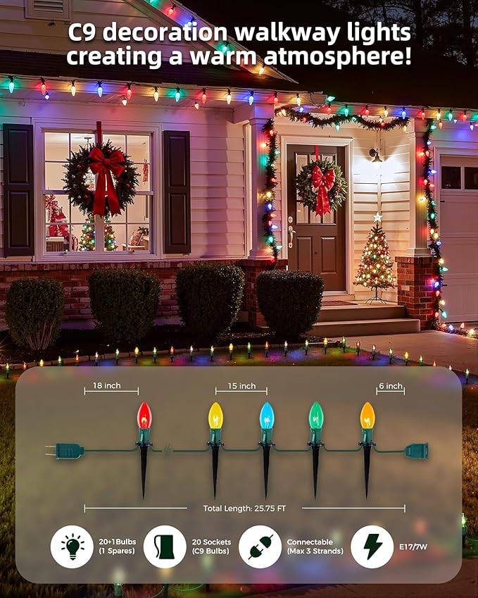 2-Pack Pathway Christmas Lights Outdoor, 25.7ft 40 Bulb Lights with Stakes, Multicolor
