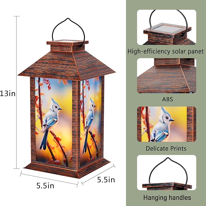 Solar Lanterns Outdoor, Waterproof Blue Jay Garden Hanging Lanterns with LED Flickering Flameless Candles for Mom Grandma Women Lantern Decorative Outdoor for Christmas, Yard, Garden Decor