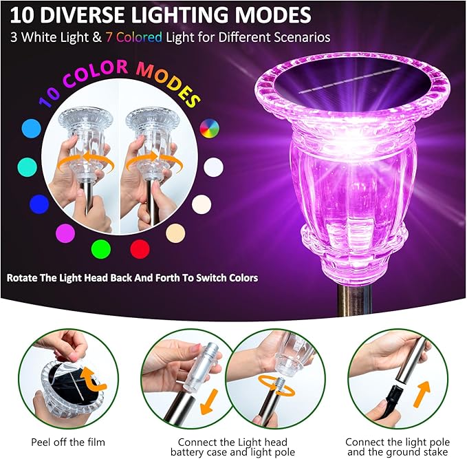 Solar Pathway Lights Outdoor 6 Pack, 10 Modes RGB Color Changing & White Solar Garden Lights, 17.5" IP65 Waterproof Glass Stainless Steel Solar Powered Landscape Lights for Yard Walkway Driveway Patio