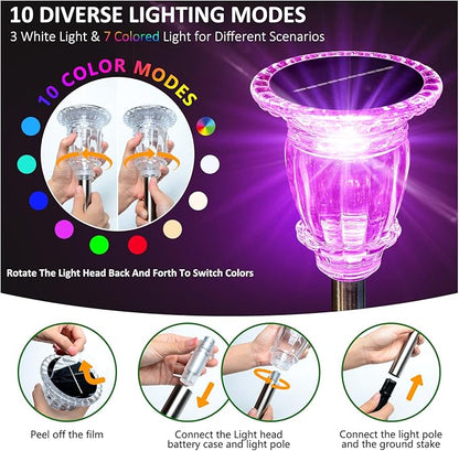 Solar Pathway Lights Outdoor 6 Pack, 10 Modes RGB Color Changing & White Solar Garden Lights, 17.5" IP65 Waterproof Glass Stainless Steel Solar Powered Landscape Lights for Yard Walkway Driveway Patio
