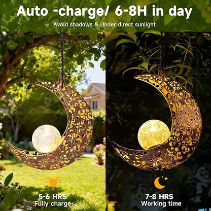 Hanging Solar Lights Outdoor Decor,Moon Garden Statues Decorative Waterproof Metal Figurines Lamp Outside Yard Decorations,Unique Ideas Birthday Gifts for Women Mom Mothers Day Fairy Accessories