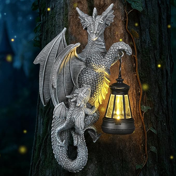 Solar Dragon Decor Tree Hugger Statue | Outdoor Garden Statue with LED Light for Yard, Patio, Balcony | Fantasy Dragon Figurine for Trees, Walls, Fences | Unique Gift for Women, Men & Mom