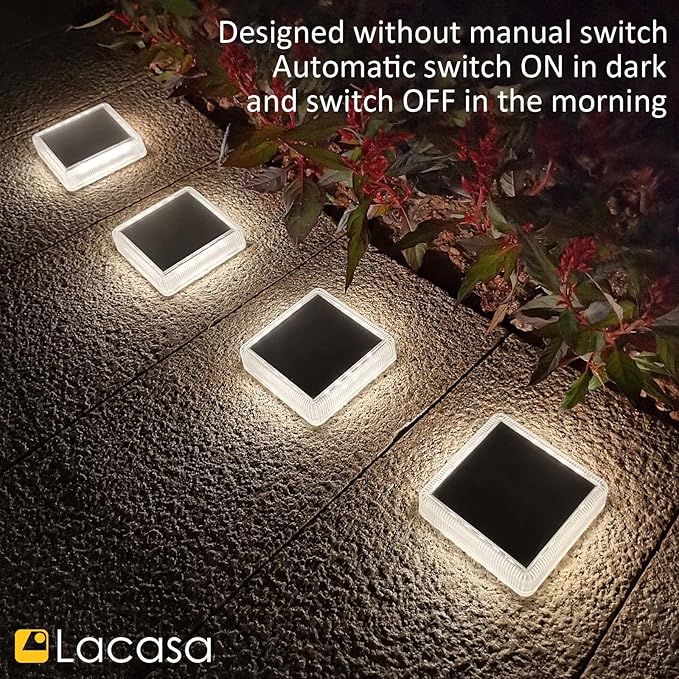 Lacasa Solar Deck Lights, 4 Pack 30LM LED Dock Lights Natural White 4000K, Outdoor Solar Powered Step Lights Light up All Night IP68 Waterproof Auto ON/Off for Garden Stairs Driveway Pathway Lighting