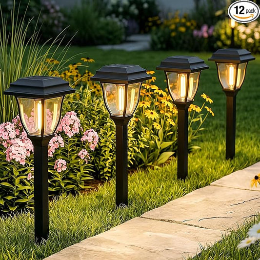 Solar Pathway Lights 12 Pack Outdoor 3000K Bright Auto On/Off Solar Garden Lights Long Lasting Solar Powered Landscape Light for Path Yard Walkway Lawn Driveway Decor Lighting - Warm White
