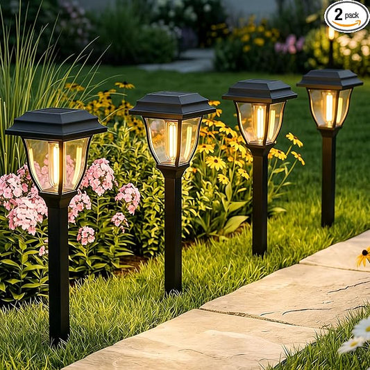 Solar Pathway Lights 2 Pack Outdoor 3000K Bright Auto On/Off Solar Garden Lights Long Lasting Solar Powered Landscape Light for Path Yard Walkway Lawn Driveway Decor Lighting - Warm White