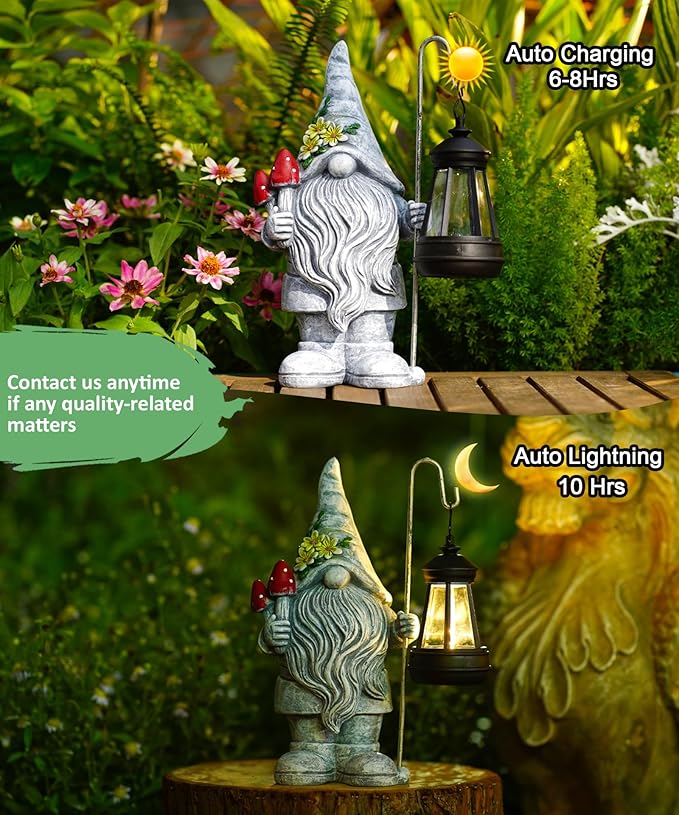 Garden Gnome Statue with Lantern: Outdoor Sculpture Decor for Home Yard Lawn Balcony Patio Porch - Mothers Day Gifts for Mom Women Grandma