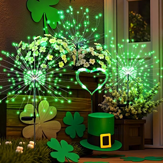 4 Pack St. Patrick's Day Solar Lights Outdoor, Solar Garden Lights Outside Fairy Firework Decorative,Solar Powered for Wedding,Yard Pathway Party Balcony Patio Decor (Green