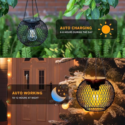 2 Pack Hanging Solar Lanterns Outdoor Waterproof, Gifts for Women Mom Grandma, Brighter Metal Solar Hanging Lanterns, Outdoor Decorative Light for Patio, Lawn, Pathway, Garden Decor