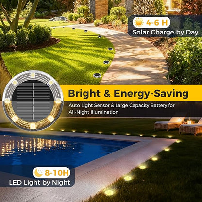 24 Pack Solar Ground Lights Outdoor, 8 LED Mini Flat Solar Disk Lights, IP65 Waterproof Anti-Rust Disc Light, Landscape Lighting for Garden Pathway Yard Walkway Driveway Lawn,Warm White